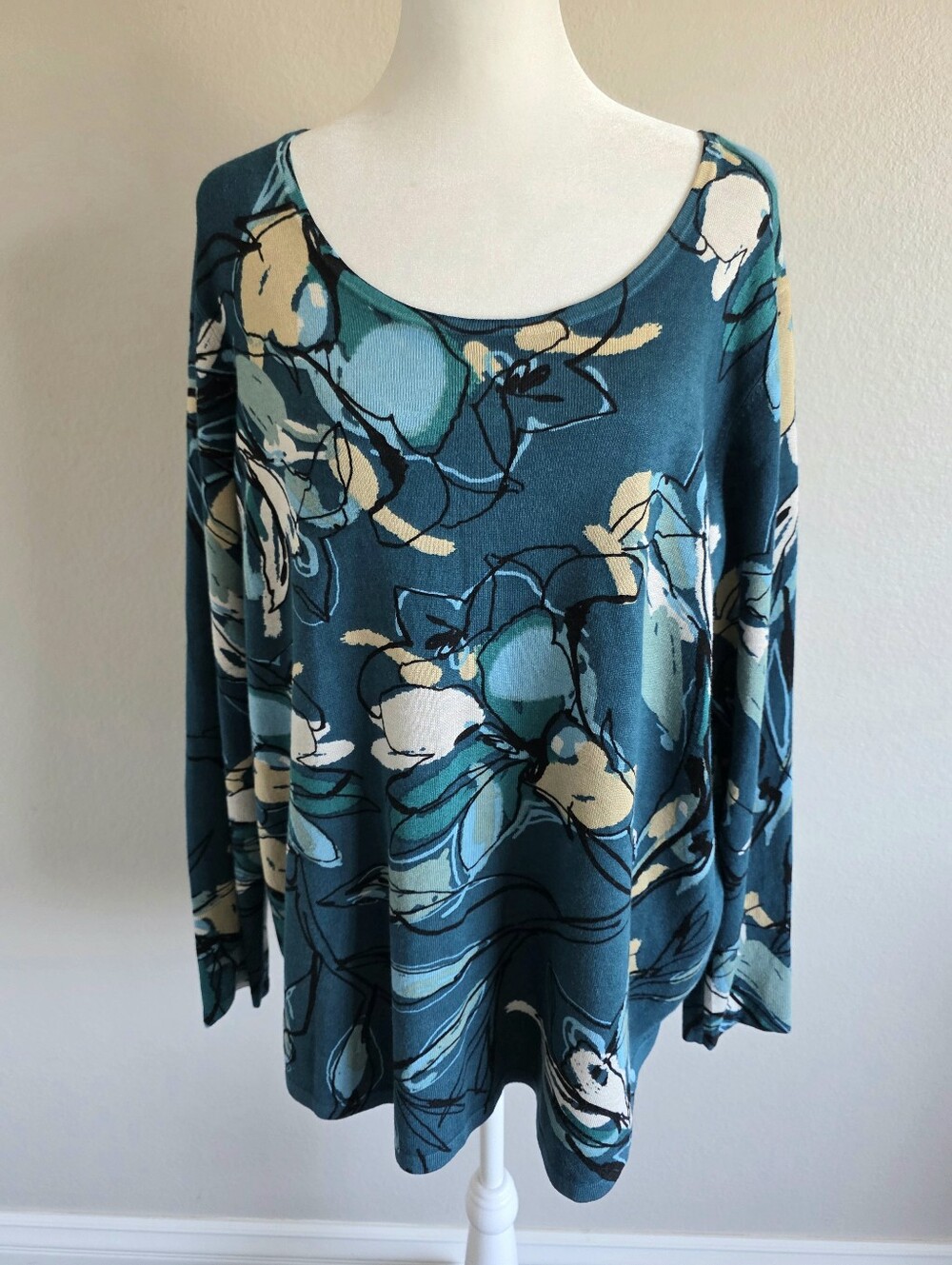 Chico's XL Sweater Lightweight Teal Artsy Floral Soft Pullover Long Sleeve Sz 3